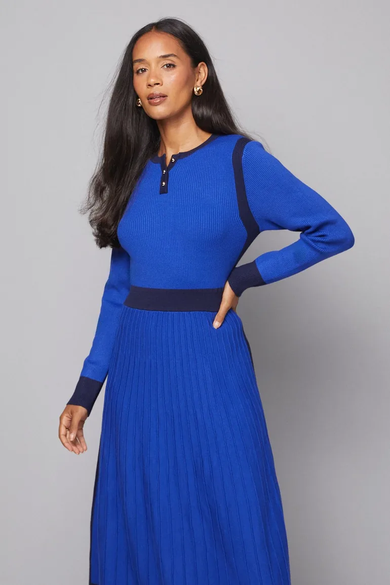 Fit and Flare Button Neck Knitted Dress - 1