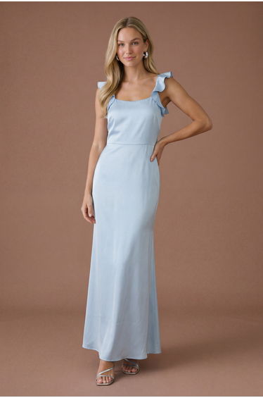 Light Blue Ruffle Square Neck Satin Bridesmaid Maxi Dress