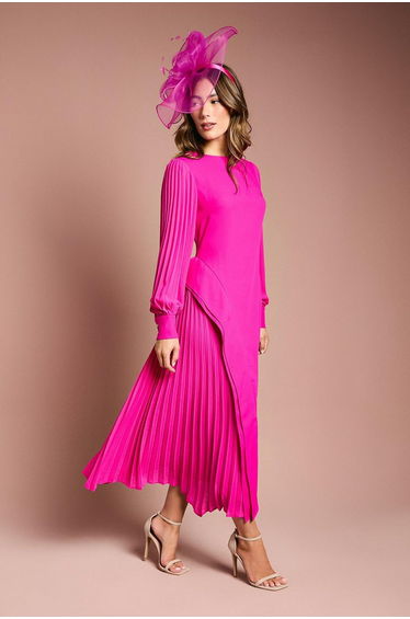 Long Sleeve Pleated Crepe Maxi Dress