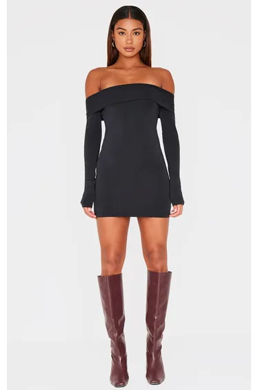 Black Premium Contour Bardot Bodycon Dress