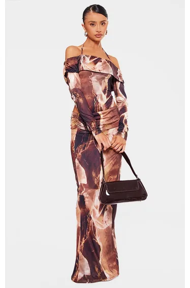 Petite Brown Slinky Ruched Waistband Maxi Skirt