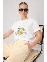 White Printed Oversize Crew Neck Standard Sleeve Short 100% Cotton Knitted T-Shirt - 1