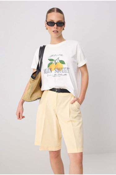 White Printed Oversize Crew Neck Standard Sleeve Short 100% Cotton Knitted T-Shirt
