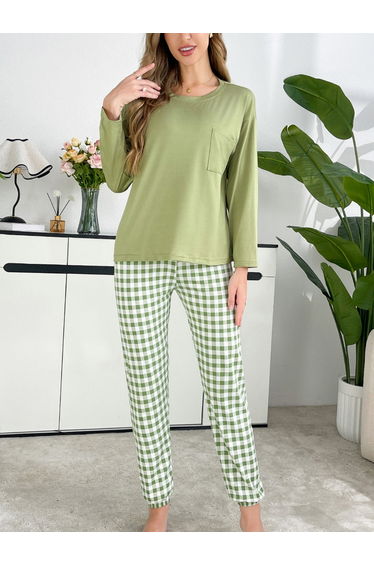 Green Plain T-Shirt and Checked Pyjama Set