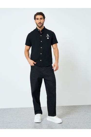 Black Graphic Print Mandarin Collar Shirt