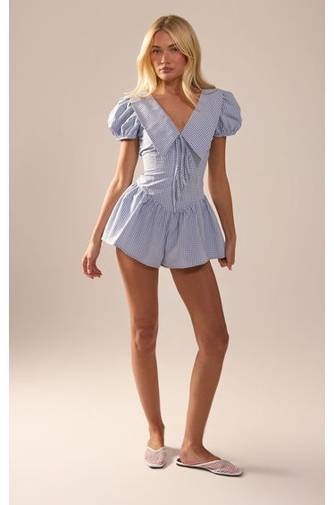 Blue Check Woven Collar Detail Skort Playsuit