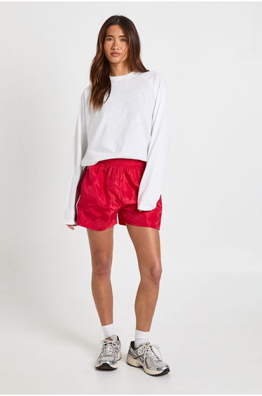 Nylon High Waist Contrast Panel Track Shorts - red