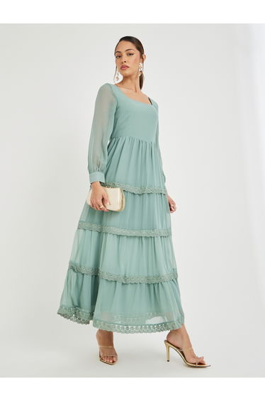 Lace Insert Long Sleeves Tiered Maxi Dress