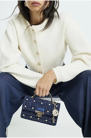 Blue Boucle Metal Handle Quilted Tote Bag