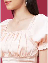 Square Neck Puff Sleeves Smocked Detail Crop Top - 3