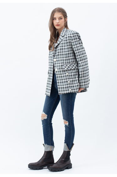 Plaid Single Breasted Buttoned Hem Blazer in Dark Green