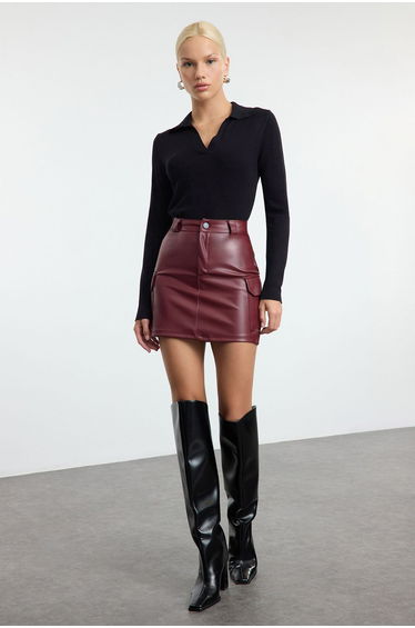 Burgundy Faux Leather Cargo Pocket High Waist Fitted Mini Knitted Skirt