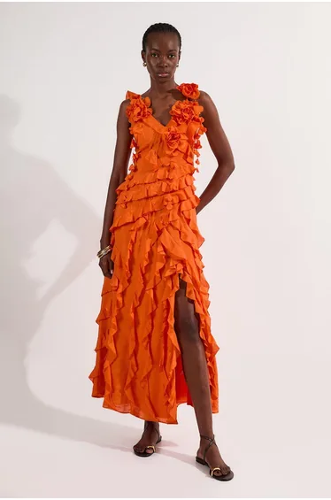 Embellished Ruffle Strappy Woven Maxi Dress