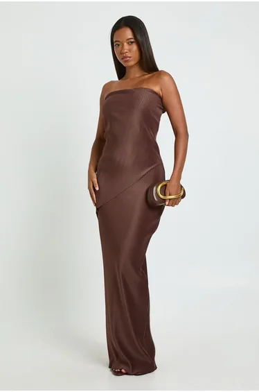 Plisse Bandeau Double Layer Maxi Dress - chocolate