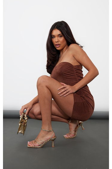 Gold PU Metallic Square Toe Cross Over Strappy Mid Heeled Sandals