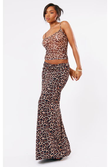 Leopard Printed Lined Mesh Maxi Skirt
