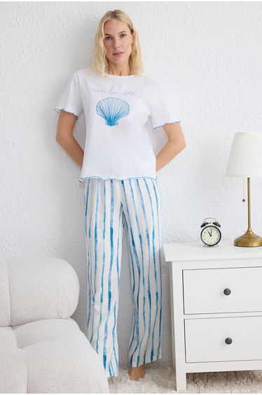 White-Blue 100% Cotton Striped Printed Baby Overlock Detailed Knitted Pajama Set