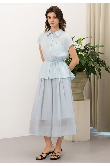Buttoned Waist Side Pocket Pleated Midi Skirt in Dusty Blue