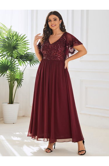 ever HAZEL|Short Sleeve V-Neck Sequin Chiffon A-Line Mother of the Bride Dress