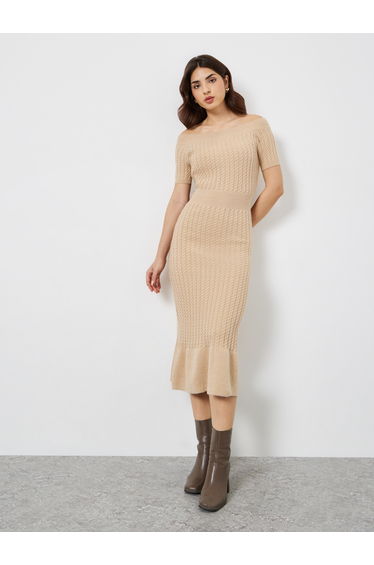 Beige Cable Knit Sweater Midi Dress