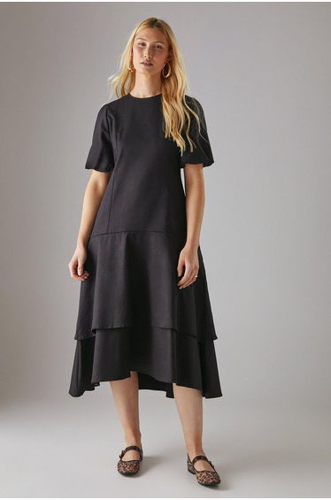 Twill Puff Sleeve Ruffle Hem Midi Dress
