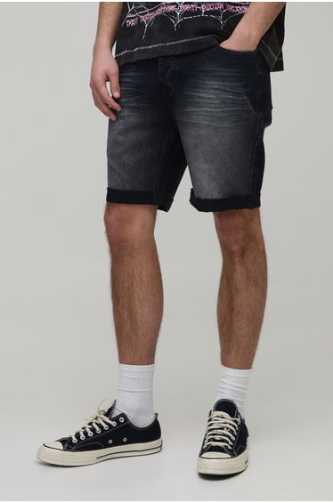 Skinny Stretch Heavy Bleached Ripped Denim Shorts - washed black