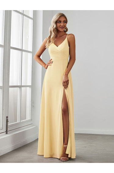 ever RENÉ |Pleated V-Neck Spaghetti Strap High Slit Bridesmaid Dress