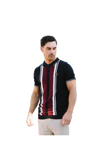 Lambretta Mens Greco Striped Knitted Short-Sleeved Polo Shirt - Navy