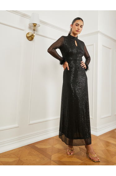 Black Sequin Embellished Feather Trim Maxi Dress