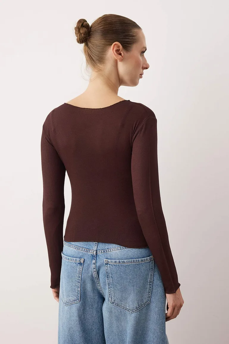 Brown Transparent Flexible Bodycon Knitted Blouse - 3