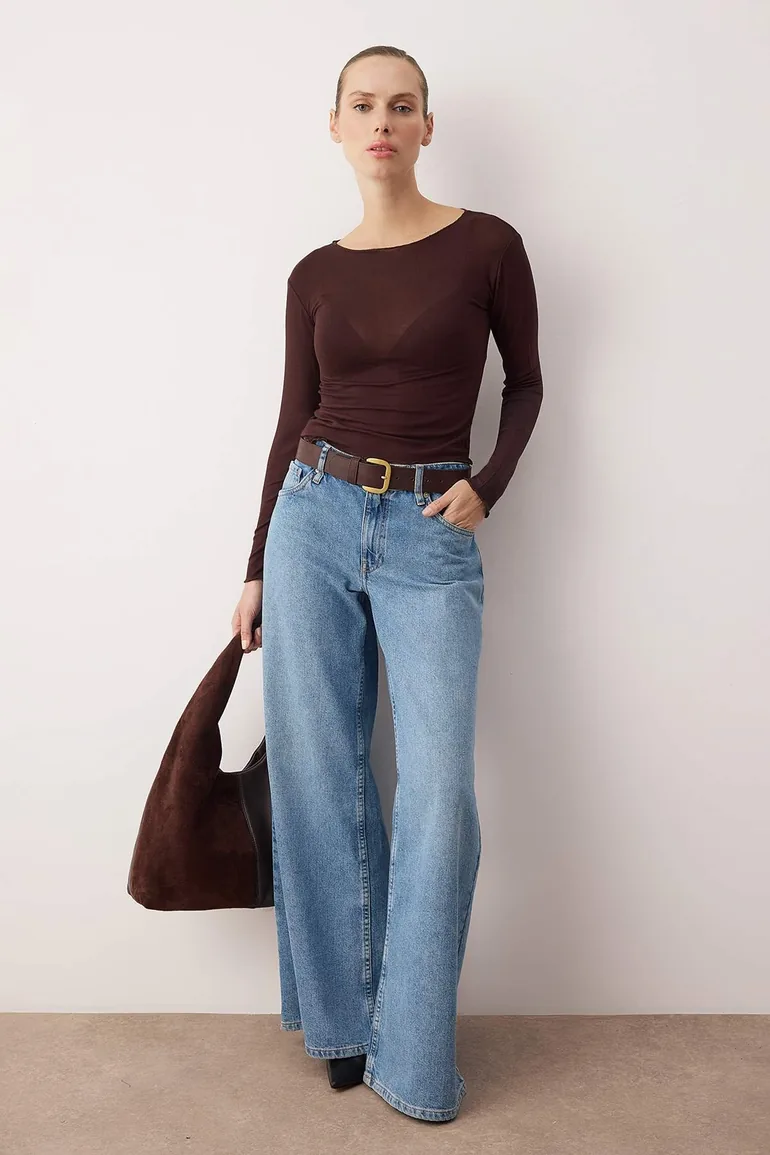 Brown Transparent Flexible Bodycon Knitted Blouse