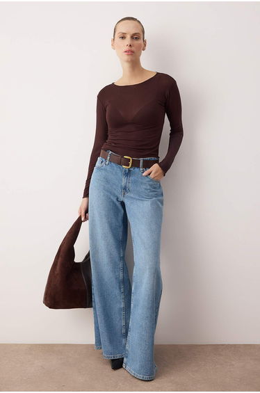 Brown Transparent Flexible Bodycon Knitted Blouse