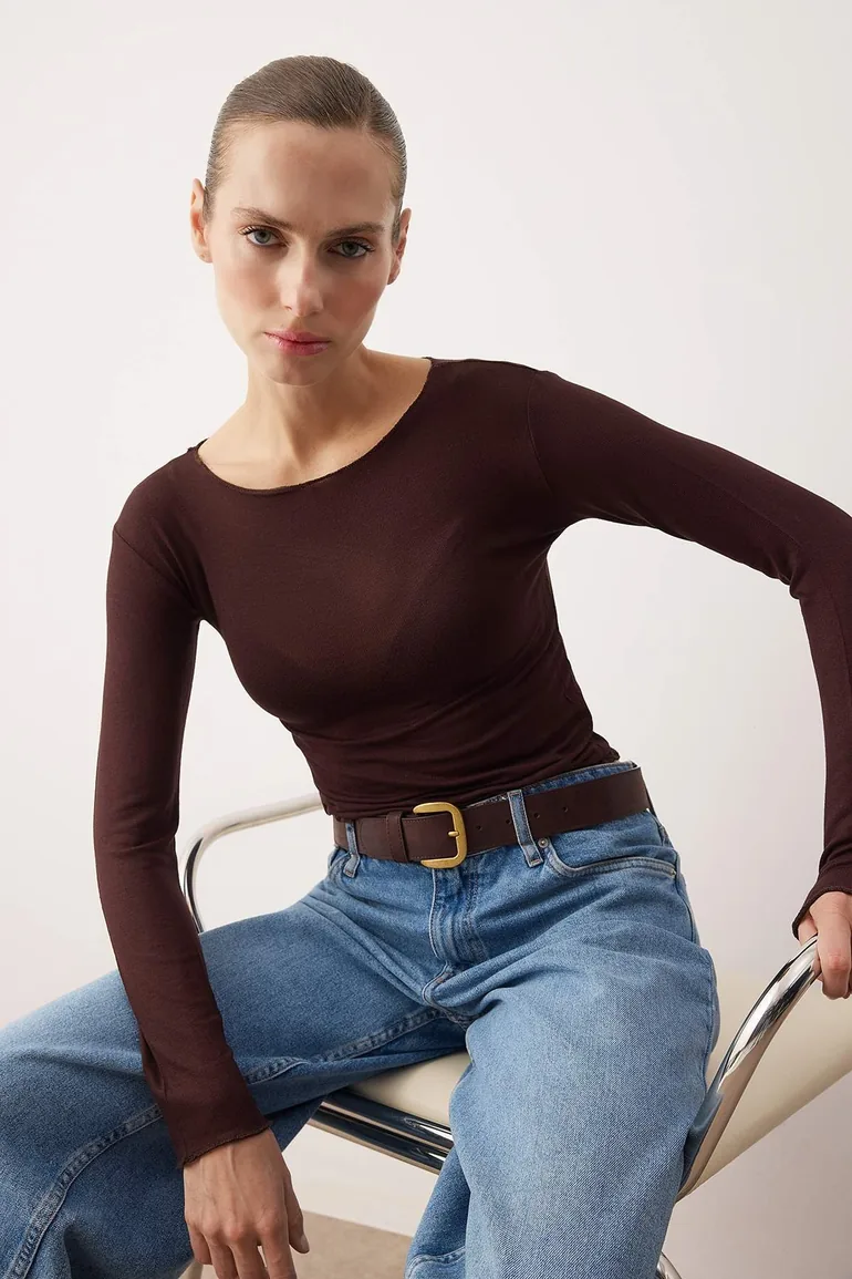 Brown Transparent Flexible Bodycon Knitted Blouse - 1