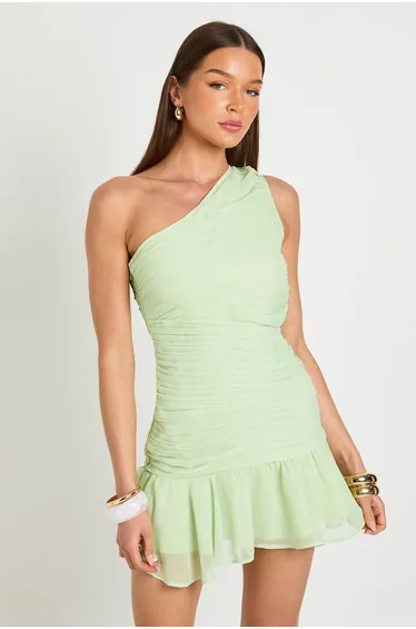 Chiffon Ruched One Shoulder Mini Dress - soft lime