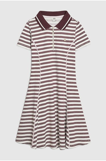 Girls Red Stripe Ribbed Zip Polo Dress