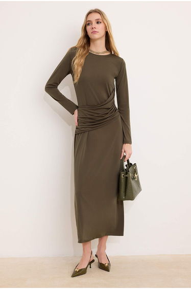 Khaki Unlined Plain Knitted Metal Brooch Detailed Sandy Hijab Dress