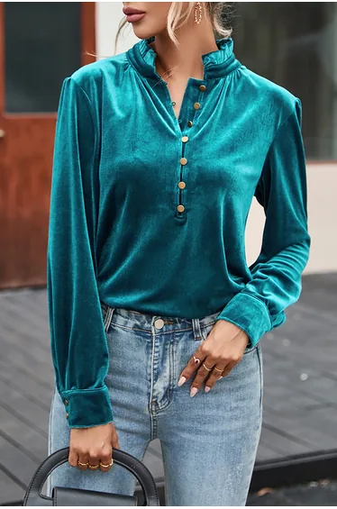 Lvness Green Frilled Neck Buttoned Front Velvet Top