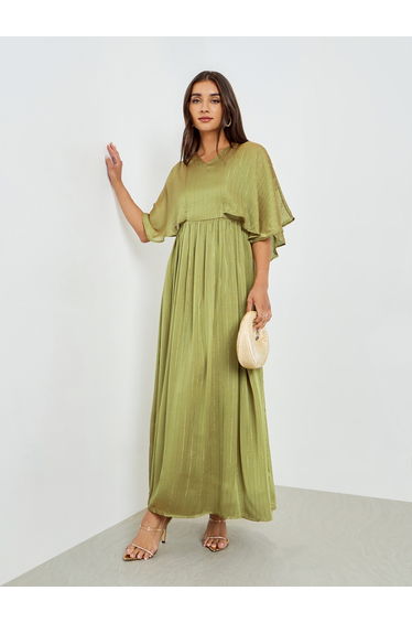 Women Green Cape Sleeve Maxi Dress