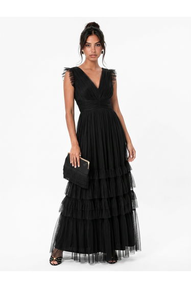 Anaya With Love Recycled Black Flutter Sleeve Ruffle Maxi Dress