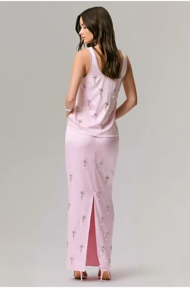 Lena | Pink Satin Embellished Maxi Skirt