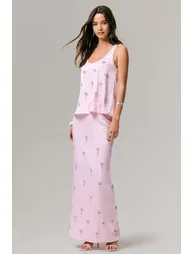 تنورة ماكسي ساتان مزينة بأحجار لون زهري - 2