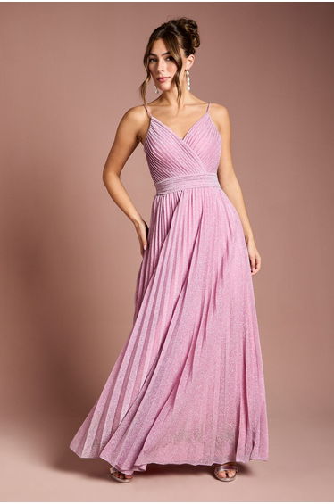 V neck Cami Shimmer Pleated Maxi Dress