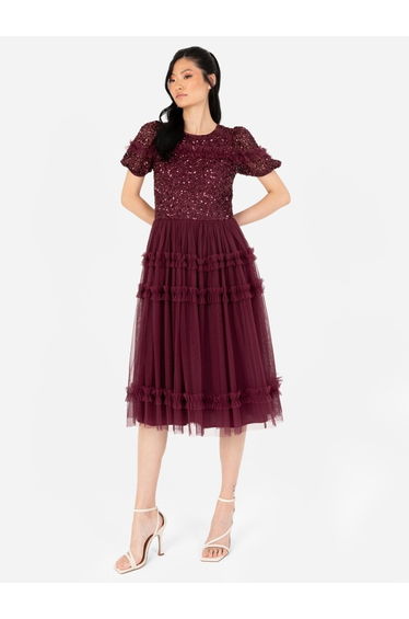 Maya Red Berry Embellished Short Sleeve Midi Dress