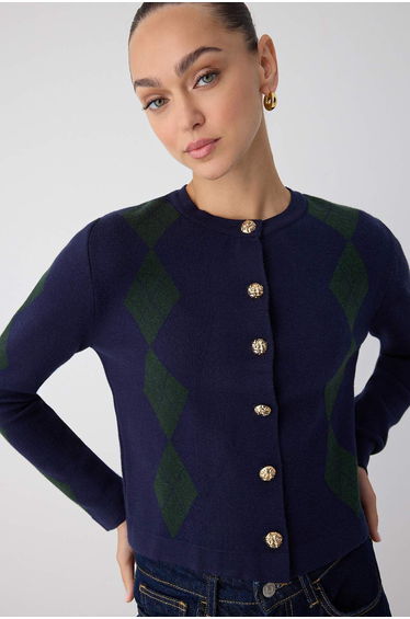 Navy Blue*001 Checkered Button Detailed Crop Premium/Special Yarn Knitwear Cardigan