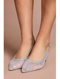 Sara Mesh Diamante Kitten Heel Slingback Court Shoes - 3