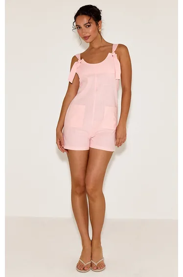 Pale Pink Linen Look Tie Shoulder Pocket Detail Playsuit