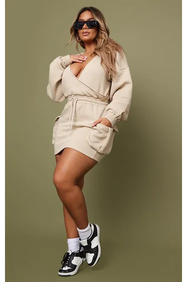 Shape Stone Plunge Utility Wrap Pocket Sweater Dress