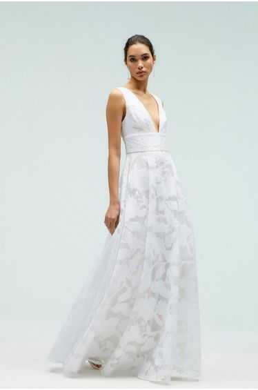 Plunge V Full Skirted Jacquard Dress