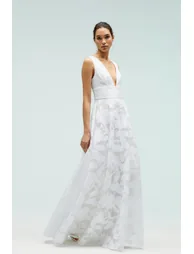 Plunge V Full Skirted Jacquard Dress