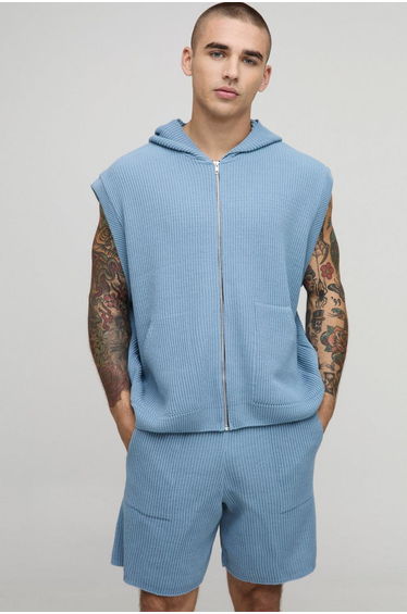 Oversized Fit Ribbed Knitted Zip Through Hoodie and Shorts Set - light blue